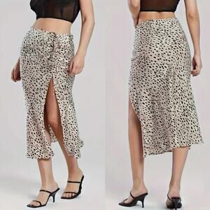 Boutique Vibrant Dalmatian Animal Print Dot Ruched Split Leg Slit Midi Skirt